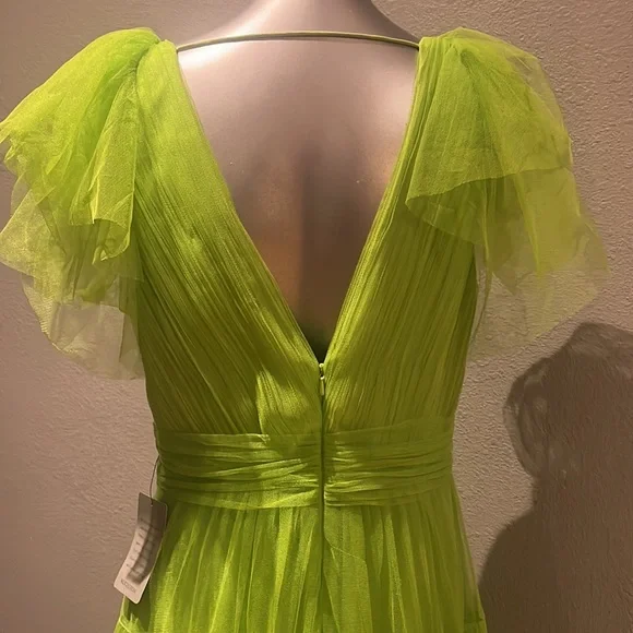 neon green tulle dress Neon green PVC and black tulle asymmetrical draped mini dress main image 1